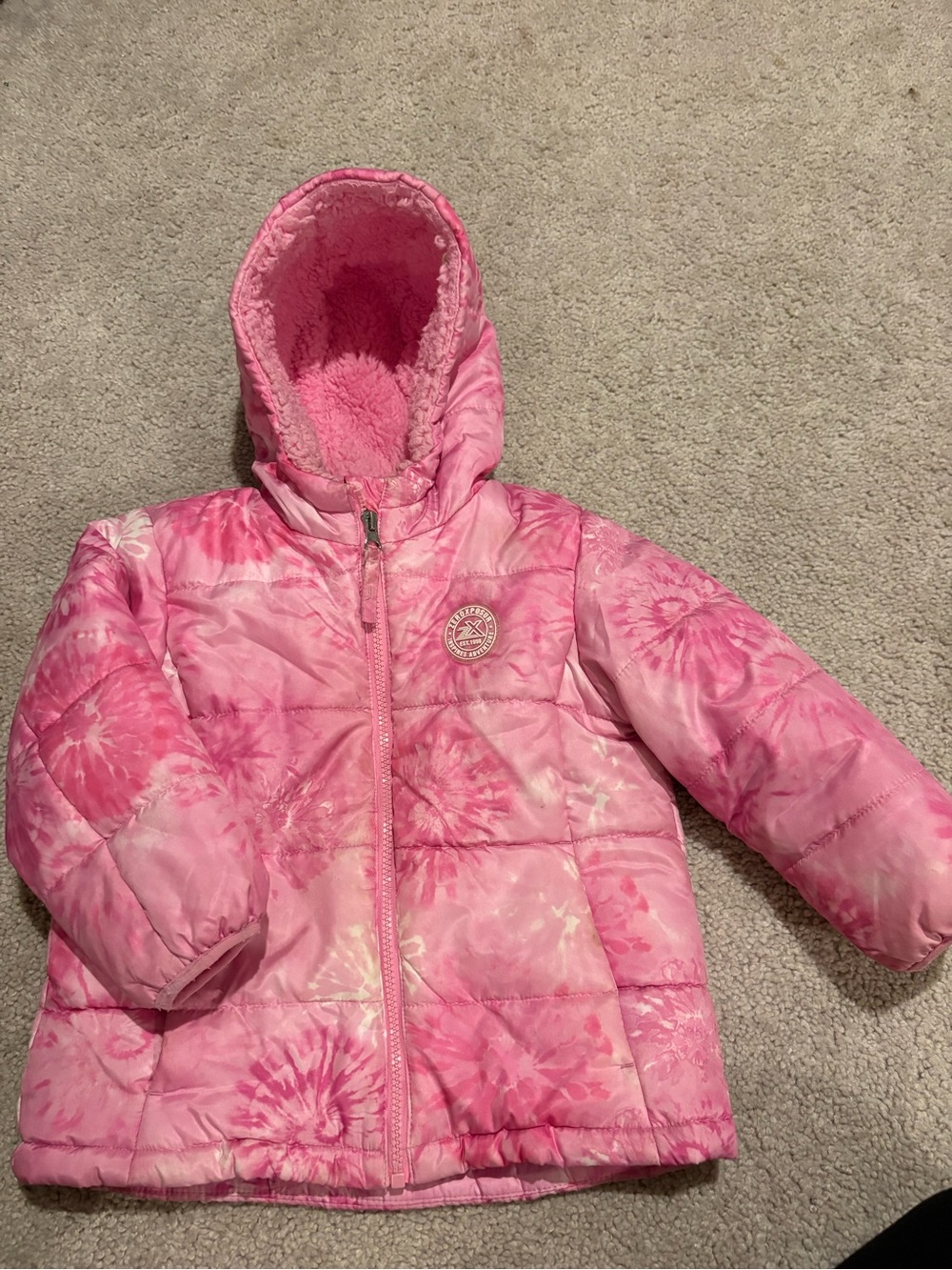 Kids Pink Tie-Dye Puffer Jacket with Sherpa Hood